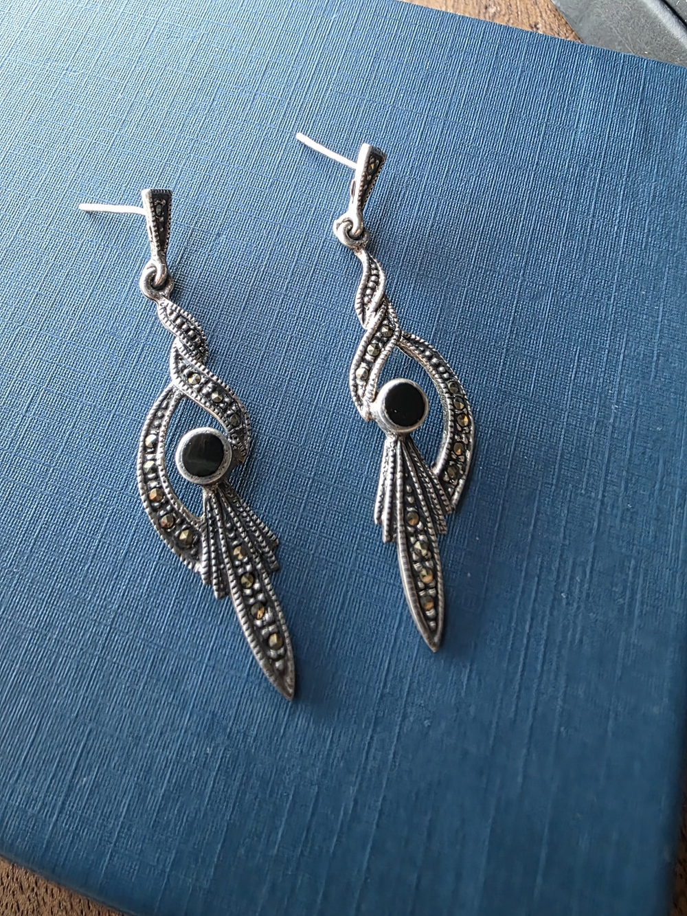 Vintage Sterling Black Onyx Marcasite Drop Earrings